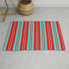 [ Thumbnail: Turquoise & Red Colored Lines Pattern Rug ]