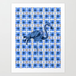 Blue Flamingo Art Print | Pattern, Retro, Retrohearts, Cool, Flamingo, Graphicdesign, Vibrant, Funky, Brids, Hearts 