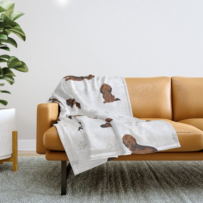 Dachshund Long Haired Seamless Pattern Different Throw Blanket