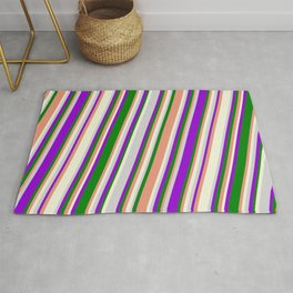 [ Thumbnail: Vibrant Dark Violet, Green, Dark Salmon, Beige, and Light Gray Colored Stripes/Lines Pattern Rug ]