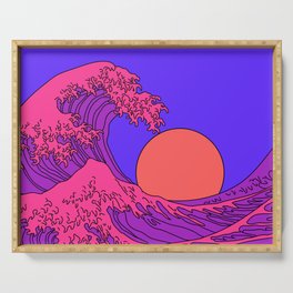 Great Wave in Vaporwave Pop Art style. View on ocean's crest leap toward the sky. Stylized line art illustration of 19th century Japanese print. Serving Tray