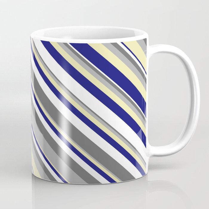 Vibrant Dim Grey, Dark Gray, Pale Goldenrod, Midnight Blue, and White Colored Lined Pattern Coffee Mug