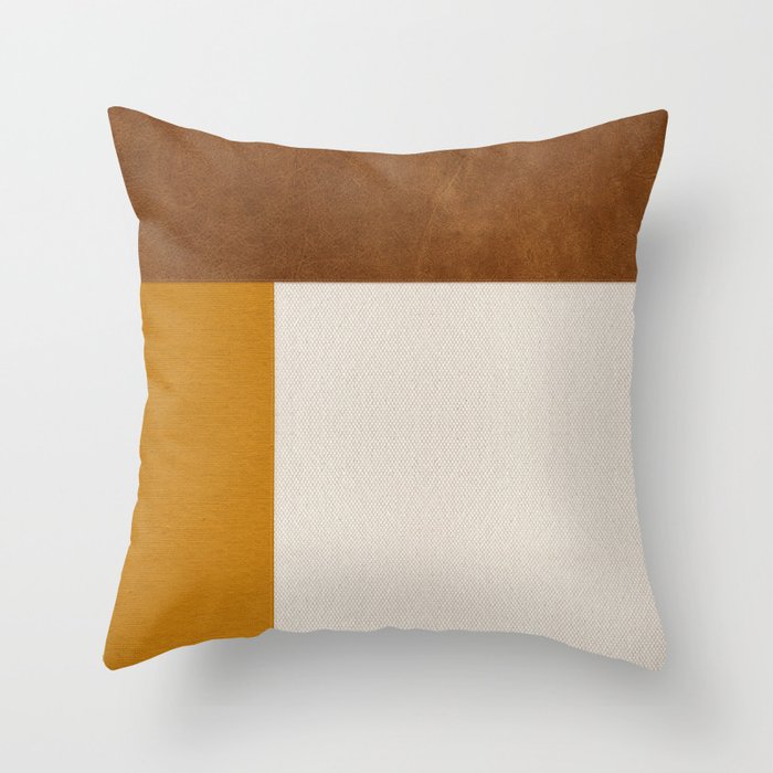 Scandinavian Modern Linen & Faux Leather - Mustard Yellow Throw Pillow
