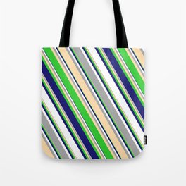 [ Thumbnail: Eyecatching Dark Grey, Tan, Lime Green, Midnight Blue, and White Colored Pattern of Stripes Tote Bag ]