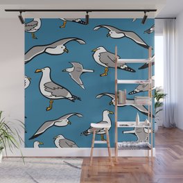 Seagulls by the Seashore Blue Wall Mural