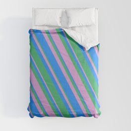 [ Thumbnail: Blue, Sea Green, and Plum Colored Pattern of Stripes Comforter ]