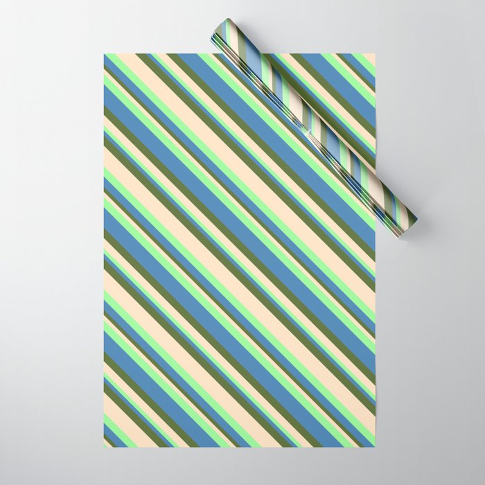 Green, Blue, Dark Olive Green, and Bisque Colored Striped/Lined Pattern Wrapping Paper