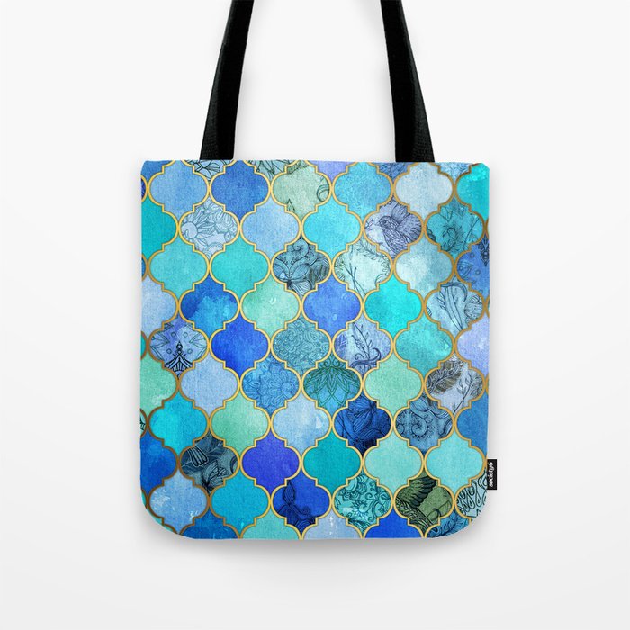 Cobalt Blue, Aqua & Gold Decorative Moroccan Tile Pattern Tote Bag