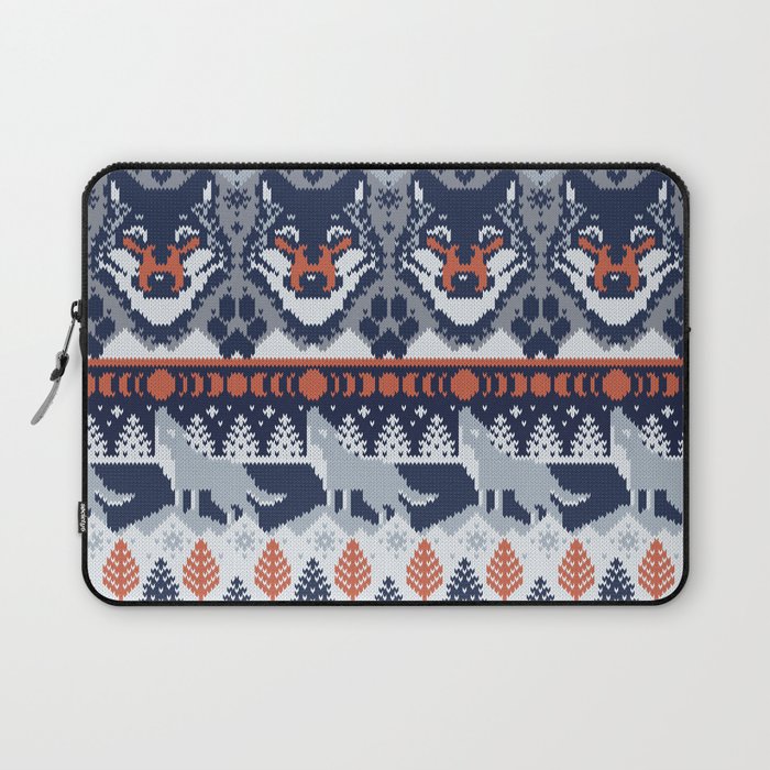 Fair isle knitting grey wolf // navy blue and grey wolves orange moons and pine trees Laptop Sleeve