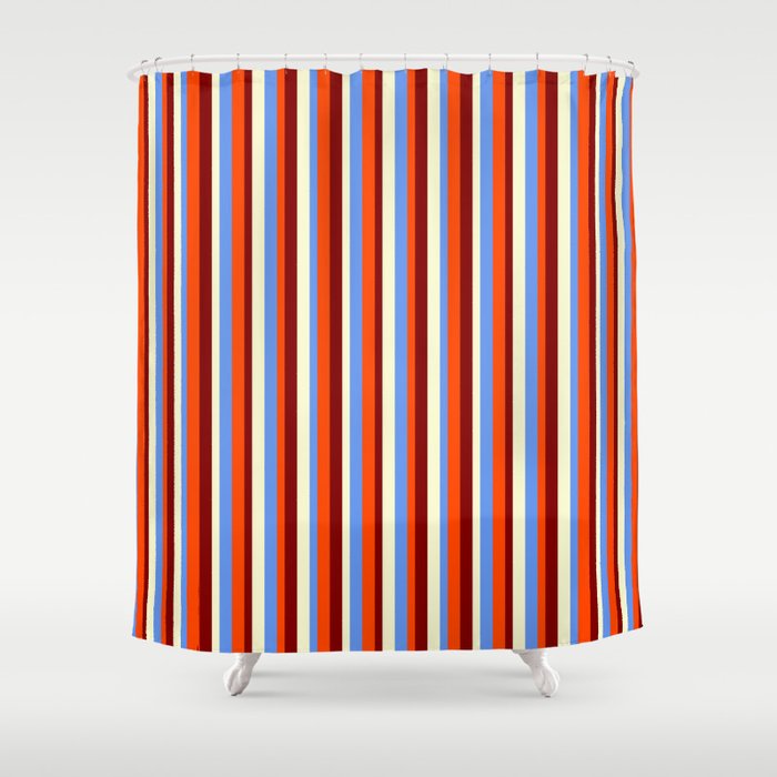 Cornflower Blue, Red, Maroon & Light Yellow Colored Striped Pattern Shower Curtain