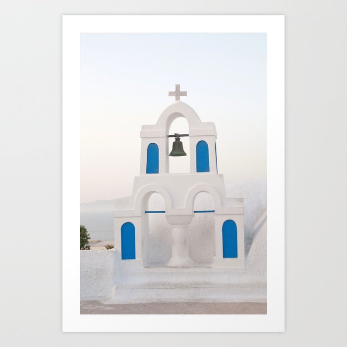 White Blue Bell Tower in Oia Santorini #1 #wall #art #society6 Art Print