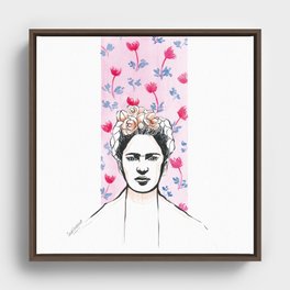 Frida Kahlo portrait Floral watercolor pink blue Framed Canvas