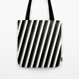 [ Thumbnail: Goldenrod, Dark Slate Gray, White, and Black Colored Striped Pattern Tote Bag ]