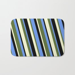 [ Thumbnail: Cornflower Blue, Dark Olive Green, Light Yellow, and Black Colored Lines/Stripes Pattern Bath Mat ]