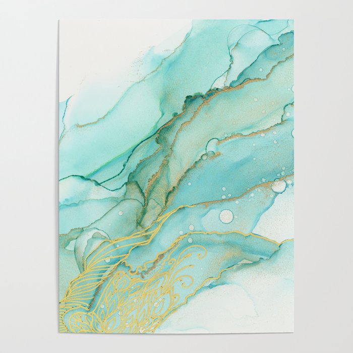 Magic Bloom Flowing Teal Blue Gold Poster