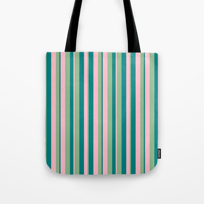 Dark Sea Green, Pink & Teal Colored Lined/Striped Pattern Tote Bag