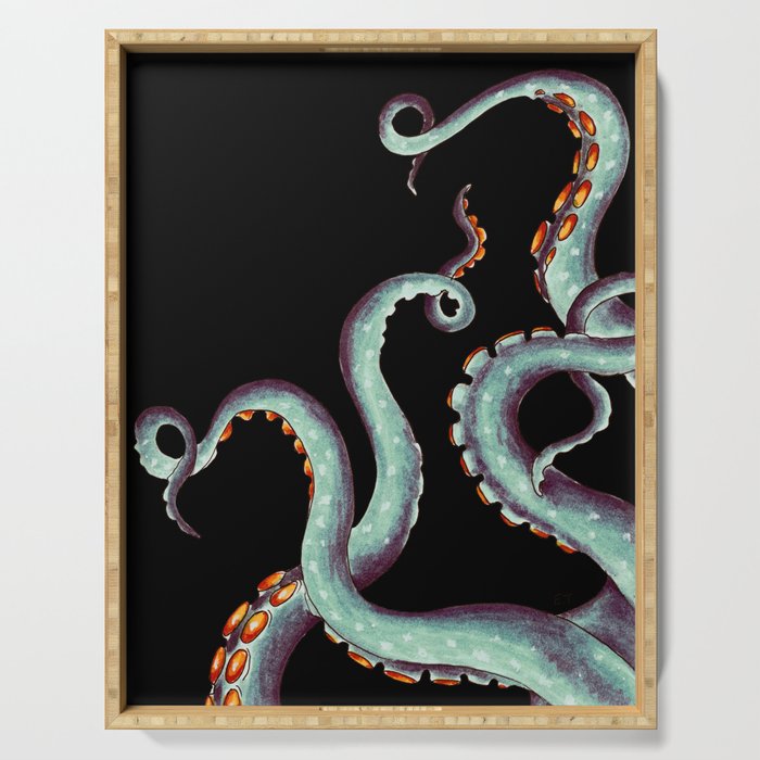 Teal Tentacles Octopus On  Black Serving Tray