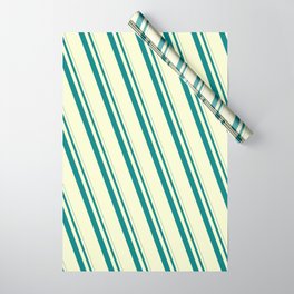 [ Thumbnail: Teal and Light Yellow Colored Striped/Lined Pattern Wrapping Paper ]