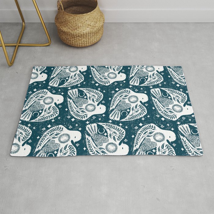 Mountain Bird Block Print Ink Blue Rug