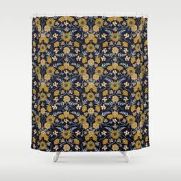 Navy Blue, Turquoise, Cream & Mustard Yellow Dark Floral Pattern Shower Curtain