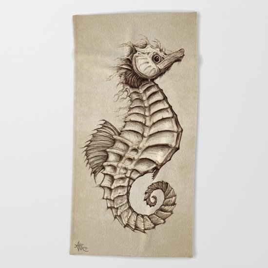 Fantasy Seahorse ~ Vintage ~ Ink Illustration byt Amber Marine Beach Towel