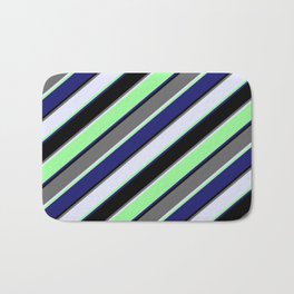 [ Thumbnail: Colorful Dim Gray, Lavender, Green, Midnight Blue & Black Colored Striped/Lined Pattern Bath Mat ]
