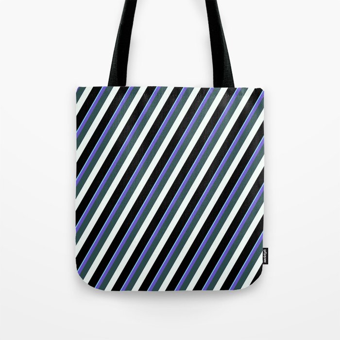 Vibrant Light Sky Blue, Slate Blue, Dark Slate Gray, Mint Cream & Black Colored Lined Pattern Tote Bag