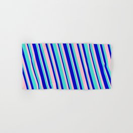[ Thumbnail: Turquoise, Blue, and Pink Colored Lined/Striped Pattern Hand & Bath Towel ]
