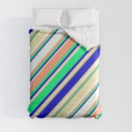 [ Thumbnail: Eyecatching Light Salmon, Green, Blue, Pale Goldenrod, and Mint Cream Colored Lines Pattern Comforter ]