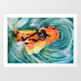 Hungry Orange Calico Koi Fish Art Print | Animal, Watercolor, Black, Peace, Painting, Teal, Nature, Ripples, Pond, Water 