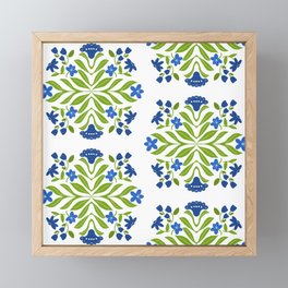 Swiss Flower Motif Half-Drop Retro Modern Dutch Tile Navy Blue, Green And White Summer Floral Swiss Framed Mini Art Print