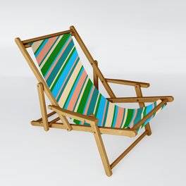 [ Thumbnail: Colorful Light Salmon, Teal, Beige, Green & Deep Sky Blue Colored Lined Pattern Sling Chair ]