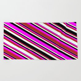 [ Thumbnail: Fuchsia, Red, Mint Cream, and Black Colored Pattern of Stripes Beach Towel ]