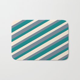 [ Thumbnail: Beige, Slate Gray, and Teal Colored Lined/Striped Pattern Bath Mat ]