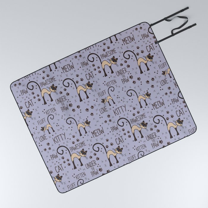 Adorable Siamese cat pattern with lettering Picnic Blanket