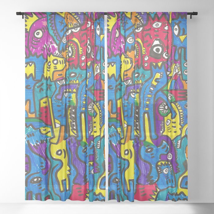 Joyful and Colorful Graffiti Creatures Felt Pen on Paper Sheer Curtain