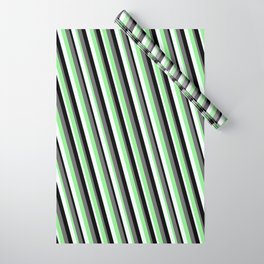 [ Thumbnail: Dim Gray, Light Green, Mint Cream & Black Colored Stripes Pattern Wrapping Paper ]