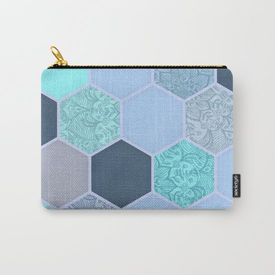 Denim Blue, Aqua & Indigo Hexagon Doodle Pattern Carry-All Pouch