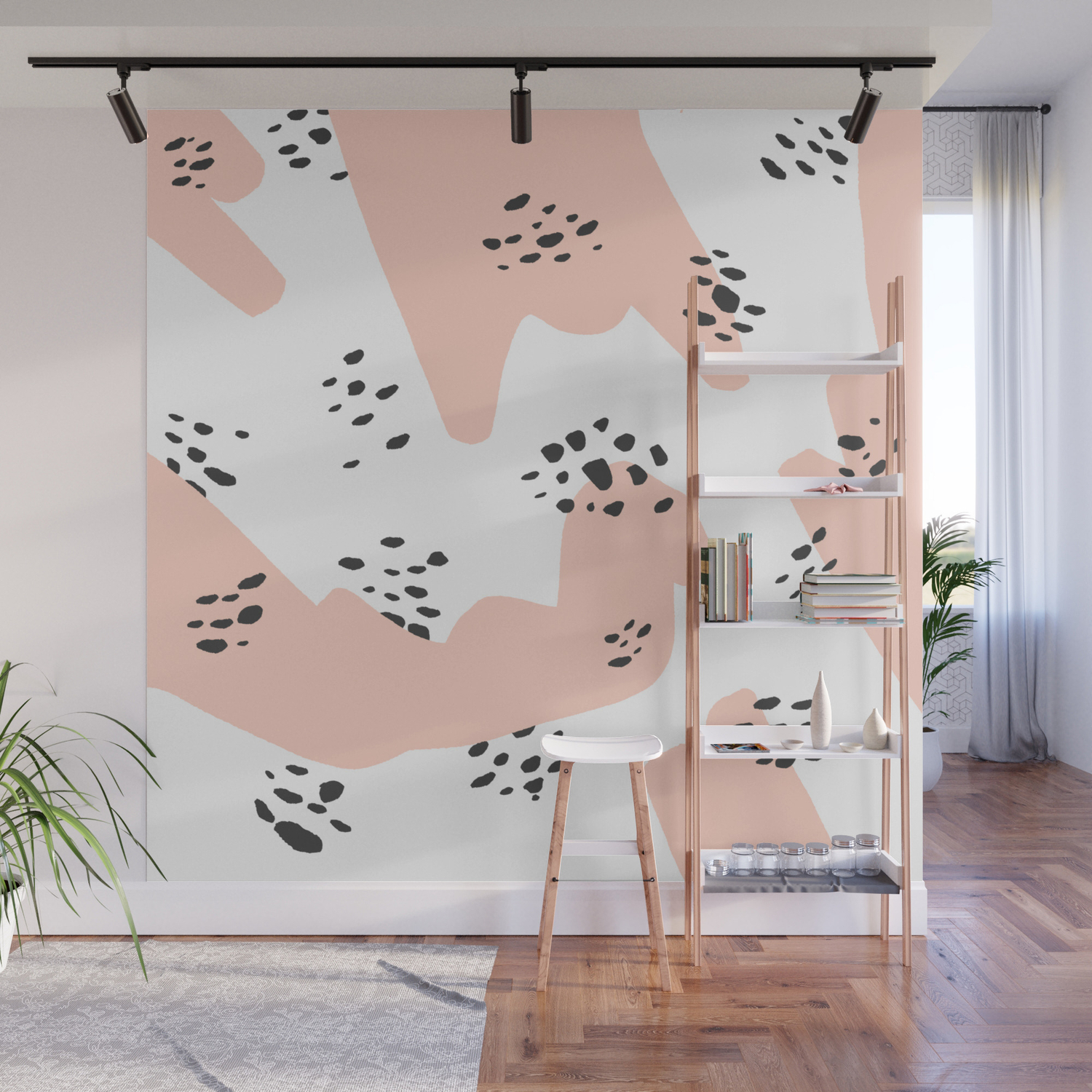 Modern Blush Pink Abstract Color Block Black Polka Dots