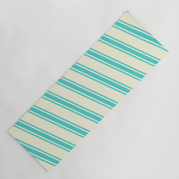 Beige and Turquoise Colored Lined/Striped Pattern Yoga Mat