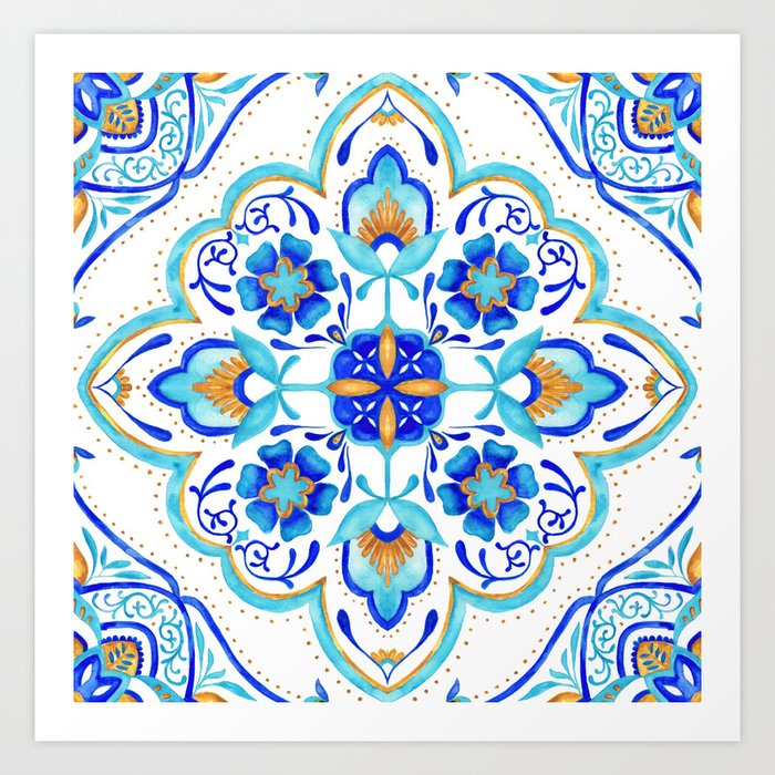 Hand Painted Moroccan Tiles - Aqua and Gold Art Print by Colour Cult |  Society6