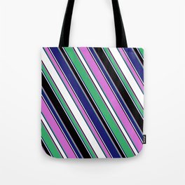 [ Thumbnail: Vibrant Orchid, Sea Green, Midnight Blue, White & Black Colored Lines Pattern Tote Bag ]