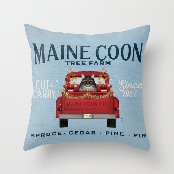Maine Coon Cat Christmas Tree Farm Vintage Red Truck  Throw Pillow