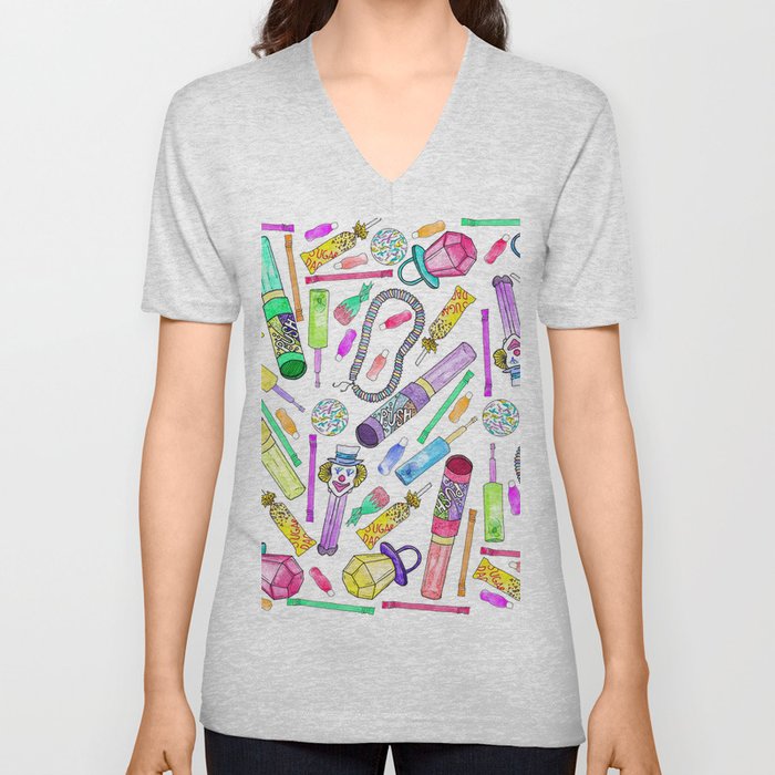 Neon 80's 90's Retro Funny Candy Pattern V Neck T Shirt
