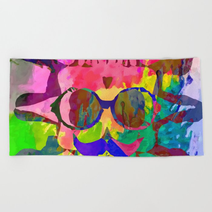 Old Vintage Funny Skull Art Portrait With Painting Abstract Background In Red Pink Yellow Green Blue Beach Towel By Timla