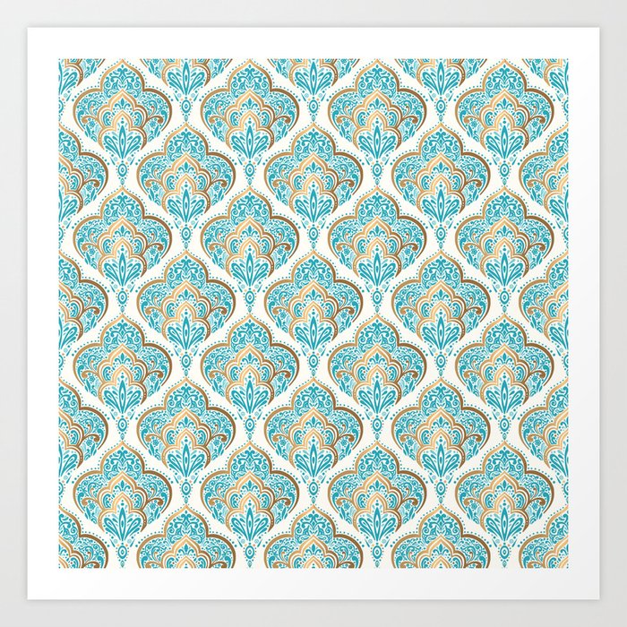 Turquoise Golden Moroccan Baroque Pattern Art Print