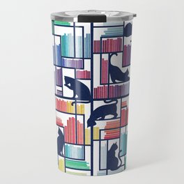 Rainbow bookshelf // white background navy blue shelf and library cats Travel Mug