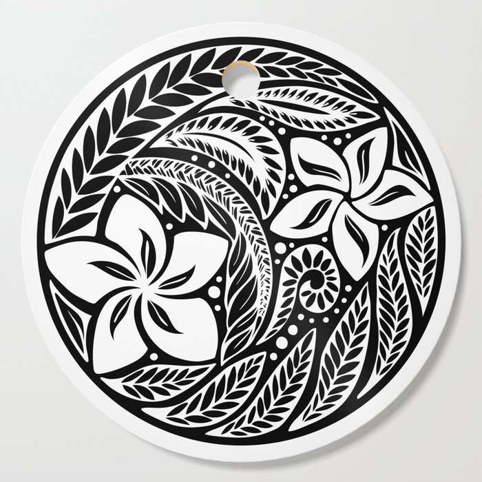 Circular Polynesian White Floral Tattoo Cutting Board By