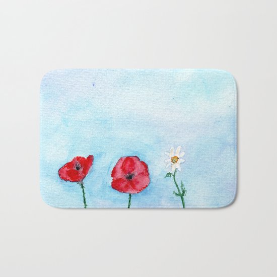 Two poppies and a daisy || watercolor Bath Mat