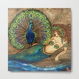 Mermaid and Peacock Metal Print | Seaside, Ocean, Folkart, Fantasy, Undersea, Mermaid, Peacock, People, Siren, Pop Art 